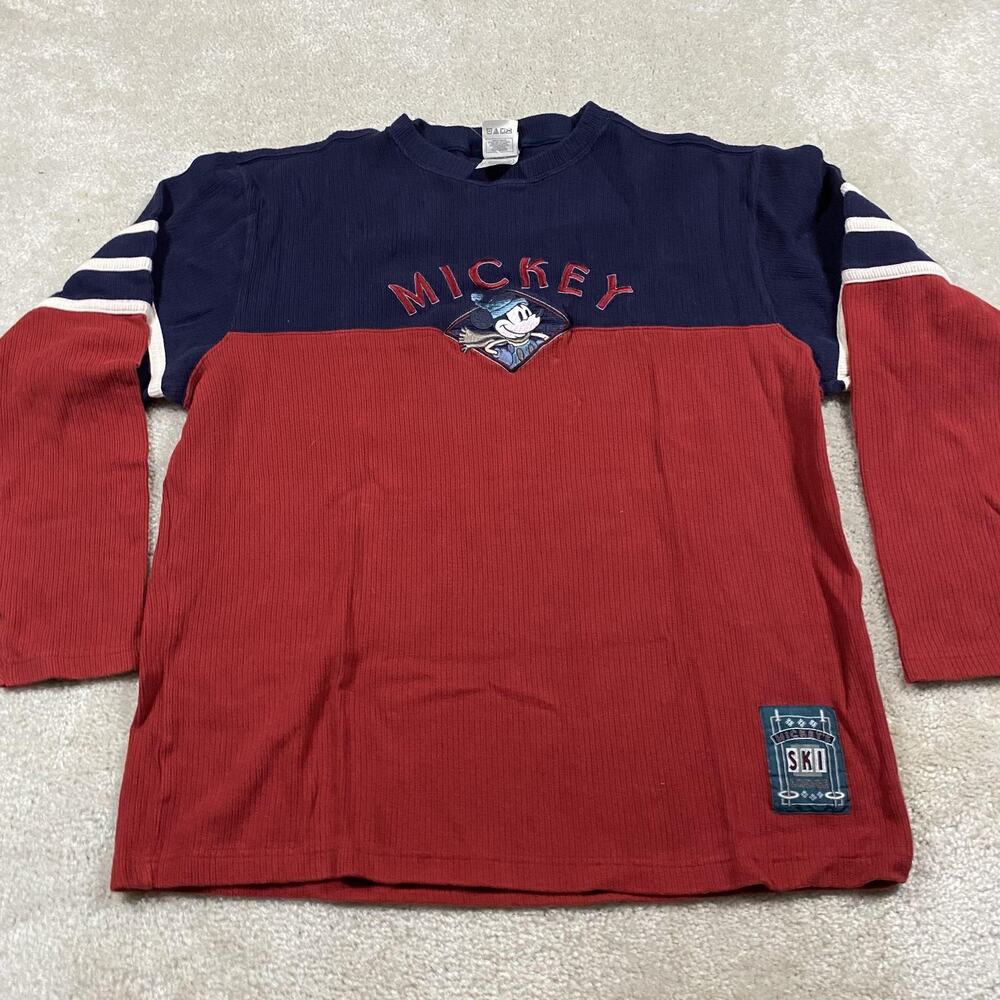 Disney Store Mickey Mouse Sweater Mens M Red Navy Cotton Crewneck Ski Lodge Knit